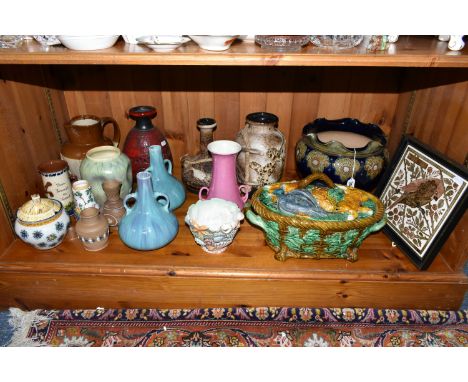 A COLLECTION OF CERAMICS, to include a Royal Doulton jardiniere with wavy rim (sd to rim), a majolica game pie dish with cove