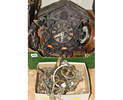 TWO BOXES OF CLOCKS, BAROMETER AND LUSTRE LIGHT FITTING, comprising a cuckoo clock in need of a little attention, with weight