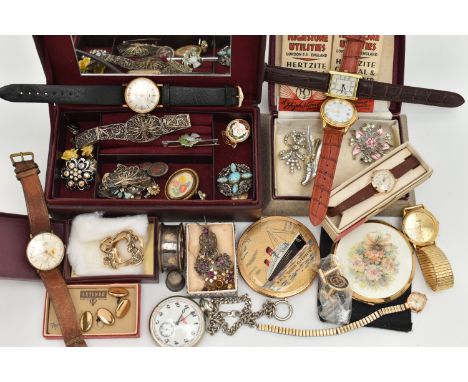 A BOX OF ASSORTED WRISTWATCHES AND COSTUME JEWELLERY, to include a gents gold plated 'Avia, 17 jewels incabloc' on a brown st