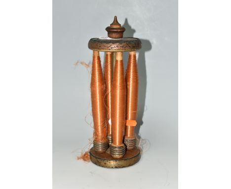 A WOODEN BOBBIN WITH FOUR SPINDLES OF THREAD, the bobbin is stamped 'Cromer' at one end, height 28cm, the spindles are 21cm i