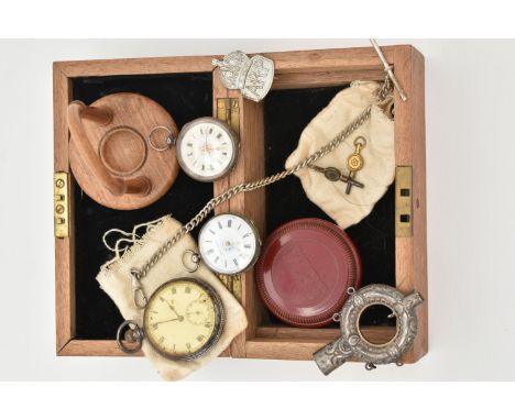 A BOX OF ASSORTED POCKET WATCHES AND OTHER ITEMS, to include a silver cased open face pocket watch, hallmarked 'Dennison Watc