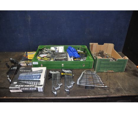 TWO TRAYS CONTAINING MODERN AND VINTAGE SPANNERS including Elora, Gedore, Garrington, Workzone etc