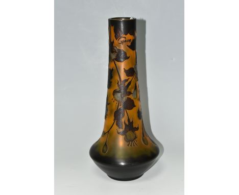 AN AMBER CAMEO GLASS VASE, with darker brown relief pattern of fuchsias, bears signature, height 35cm (1) (Condition Report: 