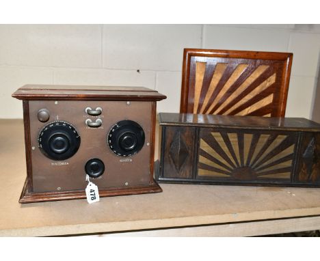 A GECOPHONE B.C. 3000 WIRELESS RADIO RECEIVER IN MAHOGANY CASE, together with an Amplion speaker in an art deco style wooden 