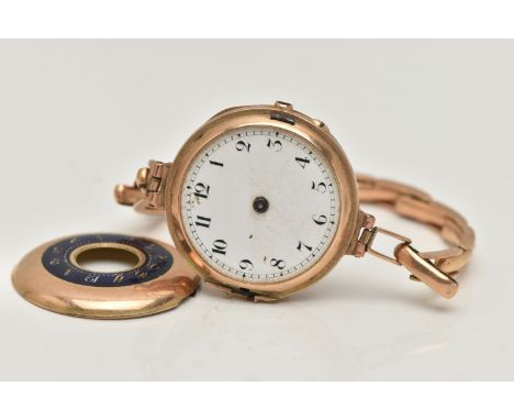AN EARLY 20TH CENTURY WRISTWATCH, AF manual wind, missing crown, hands and glass front, round white dial, Arabic numerals, in