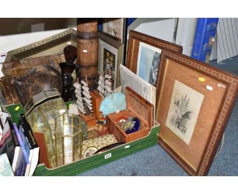 TWO BOXES AND LOOSE TOURIST ITEMS, PICTURES, DISPLAY CASES AND SUNDRY HOME WARES, to include a Studio Cellini enamelled coppe