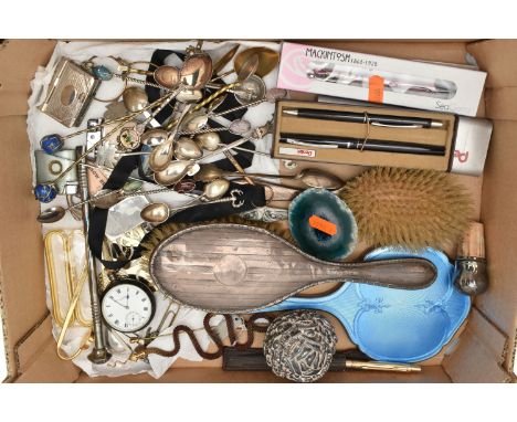 A SILVER OPEN FACE POCKET WATCH, THREE SILVER VANITY ITEMS AND OTHER ITEMS, to include an AF manual wind, open face pocket wa