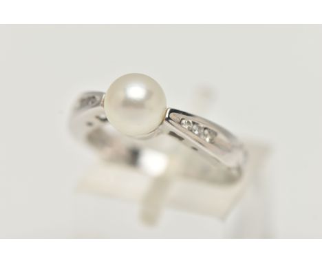 A MODERN 9CT WHITE GOLD CULTURED PEARL AND DIAMOND RING, set with a cultured pearl, measuring approximately 6.8mm diameter, e