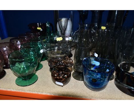 A GROUP OF MID TO LATE 20TH CENTURY COLOURED GLASSWARE, including a Dartington Brutus vase, height 25.5cm, two blue Wedgwood 