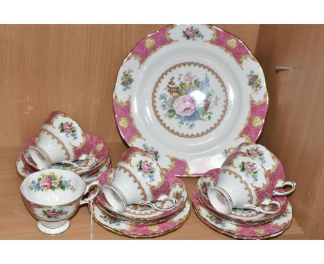 AN EIGHTEEN PIECE ROYAL ALBERT 'LADY CARLYLE' PART TEA SET, comprising a dinner plate, six tea plates, five teacups and six s