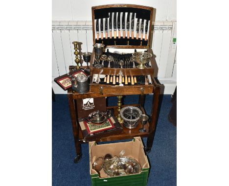 A CANTEEN OF EPNS CUTLERY AND FURTHER CUTLERY, MATS AND A TABLE, the wooden canteen with hinged lid and drawer opening to rev