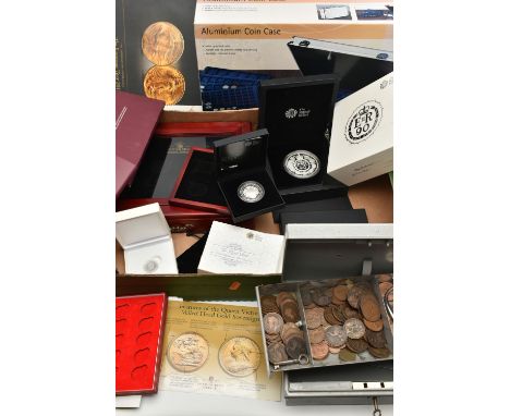 A LARGE CARDBOARD BOX CONTAINING MIXED COINAGE, to include a Royal Mint The Royal Birth 2015 Silver Proof £5, 2x Gibraltar 20