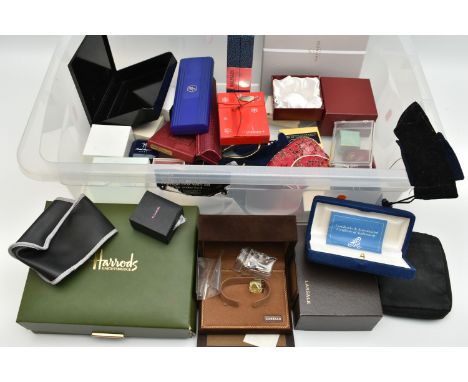 A BOX OF ASSORTED BOXES, some signed boxes, names to include Harrods, Lassale, Rotary, Waterman and Waitrose, also including 