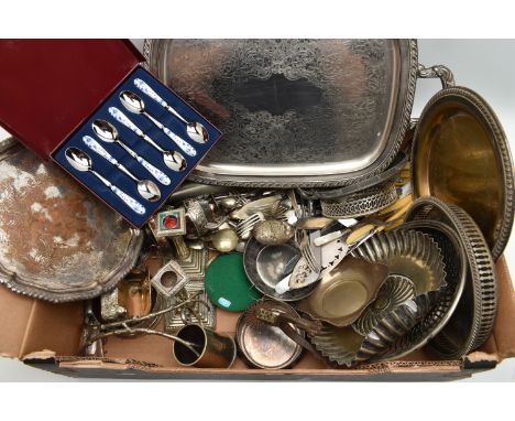 A BOX OF ASSORTED WHITE METAL WARE, to include a serving tray, a salver, a pewter posey vase, signed 'Selanger', a cased set 