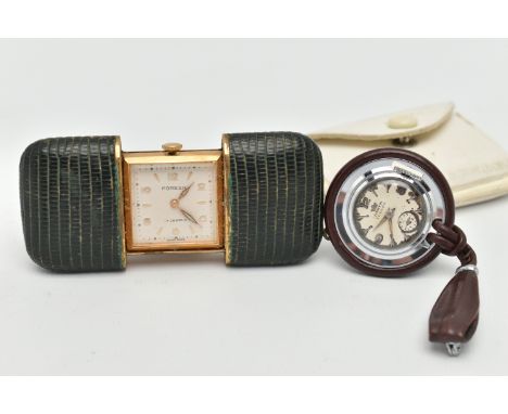 A TRAVEL CLOCK AND A FOB WATCH, to include a compact 'Poresa' travel clock, square silver dial, alternating Arabic numerals a