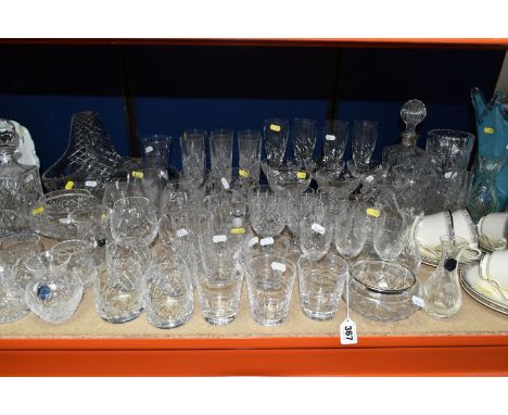 A SET OF FIVE 'THE CUNARD STEAM SHIP COMPANY LIMITED' CUT GLASS WHISKY TUMBLERS AND A QUANTITY OF DRINKING GLASSES, ETC, the 