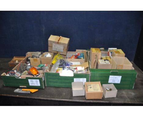 THREE TRAYS CONTAINING VINTAGE CAR PARTS AND TOOLING including tail lights, a Lucas headlight bulb, wiper motors, a SF-80 fli