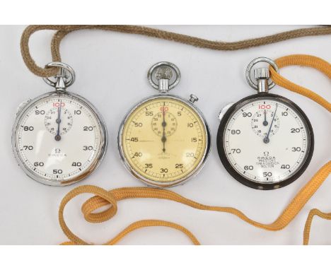 TWO OMEGA STOP WATCHES, two chrome cased open face stop watches, both signed 'Omega' one signed 'Prestons timer division Bolt
