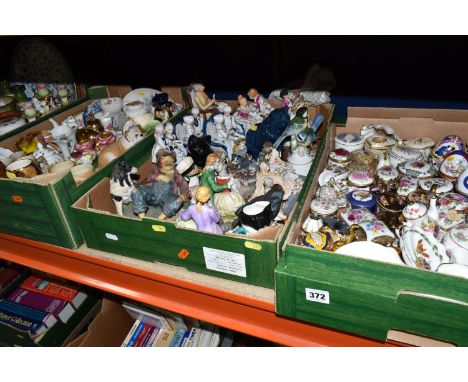 FOUR BOXES OF CERAMICS, including figural ornaments, Sherratt &amp; Simpson Bulldog group, trinket and pill boxes, vases, etc