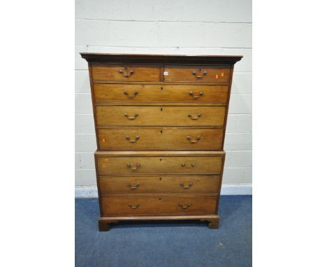 A 19TH CENTURY MAHOGANY CHEST ON CHEST, fitted with an arrangement of eight drawers, on bracket feet, width 122cm x depth 56c