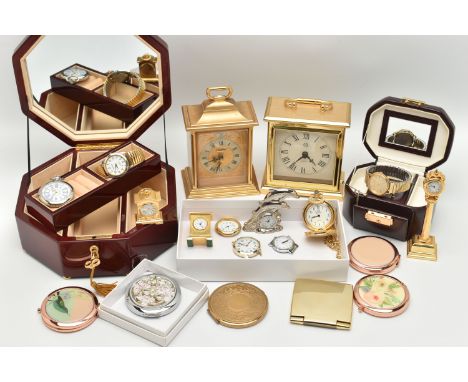 CARRIAGE CLOCKS, MANTLE CLOCKS AND OTHER ITEMS, to include two quartz carriage clocks, four small mantle/bedside clocks, a Le