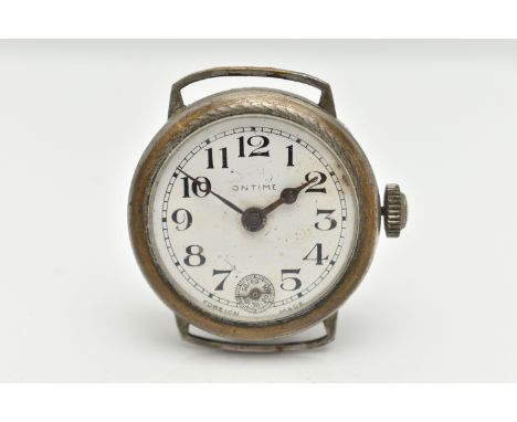 A WRISTWATCH, the white dial, with black Arabic numerals, blue steel hands, subsidiary dial at six o'clock, dial signed 'ONTI