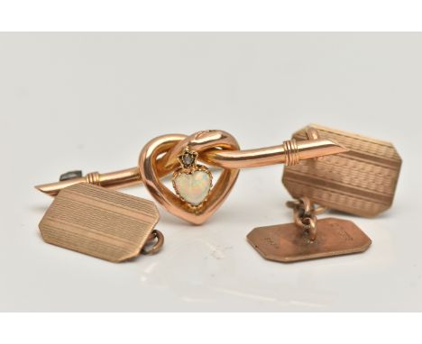 A PAIR OF 9CT GOLD CUFFLINKS, AND A YELLOW METAL BROOCH, AF engine turned pattern chain link cufflinks (one has one side miss