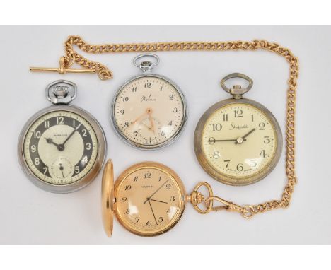 FOUR POCKET WATCHES, to include a base metal, manual wind 'Ingersoll' pocket watch, an AF 'Sheffield' base metal pocket watch