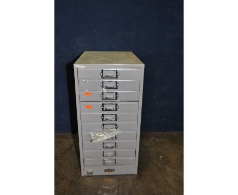 A VINTAGE METAL CHEST OF 10 FILE DRAWERS containing Imperial and metric nuts and bolts cabinet height 53cm