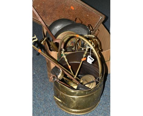 A BOX AND LOOSE COPPER AND BRASS WARES, to include a rectangular copper tray, two copper pans, a copper jug, a brass roasting