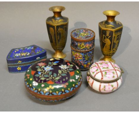 Three Cloisonne Enamel Decorated Boxes and Covers, together with a porcelain pill box and a pair of brass vases