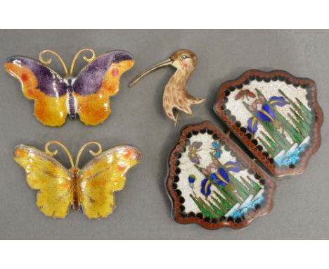 A Japanese Cloisonne Buckle of Shaped Form, together with two enamel decorated butterflies and a similar brooch in the form o