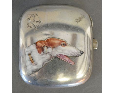 An 800 Mark Silver Cigarette Case of Slightly Curved Form, the top with enamel decoration in the form of a dog's head