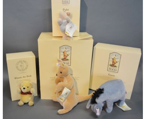 Steiff Winnie the Pooh with Original Box, together with another Piglet, another Kanga and Roo and another Eeyore, all within 