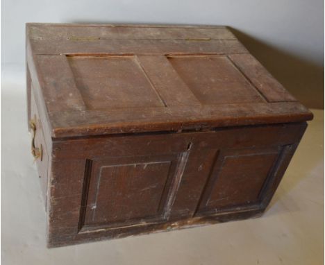 A 19th Century Oak Small Coffer, the hinged top above a two panel front with brass side handles, 60 x 47 cms
