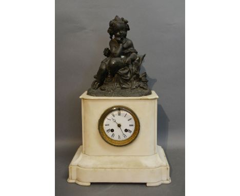 A 19th Century French White Marble Mantle Clock surmounted with a patinated figure of a Young Girl, the enamel dial with Roma