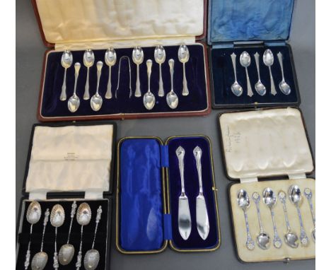 A Set of Six Birmingham Silver and Enamel Decorated Coffee Spoons within fitted lined case together with a set of six Birming