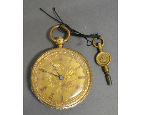 An 18ct. Gold Pocket Watch, the engraved dial with Roman numerals with key wind movement