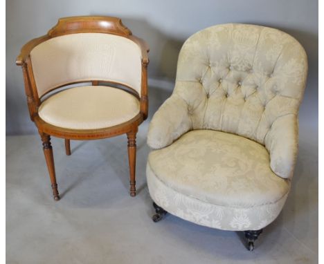 A Victorian Low Seat Nursing Chair with Button Upholstered Back and Stuff Over Seat raised upon low turned legs, together wit
