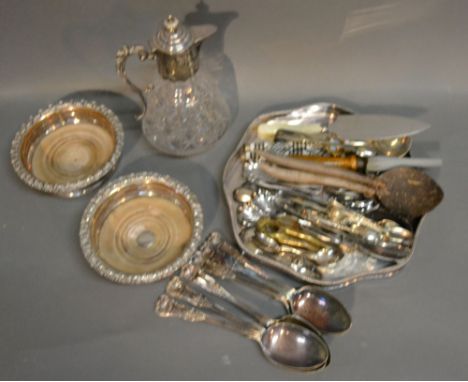 A Silver Plated and Cut Glass Claret Jug, together with a collection of silver plate to include a pair of bottle coasters and