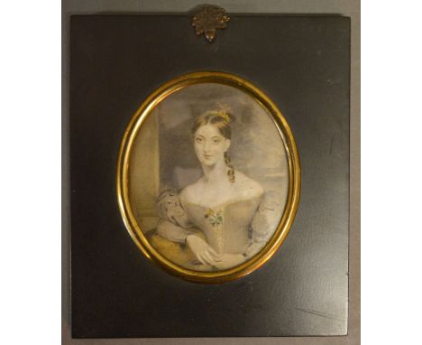 An Early 19th Century Portrait MiniatureHALF LENGTH PORTRAIT OF A LADY IN PERIOD DRESSWithin ebonised frame, 10 x 9 cms