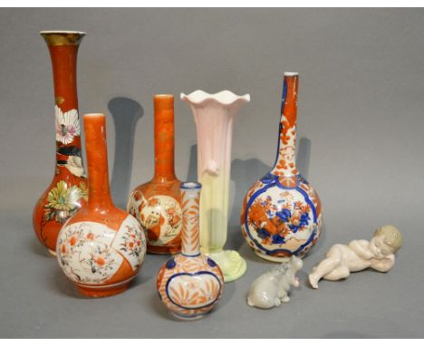 A Royal Worcester Specimen Vase of Leaf Form, together with five Imari bottle neck vases, a USSR model of a Hippo and a small