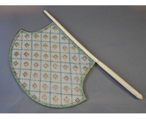 A 19th Century Rare Indian Axe Head Fan woven with thin strips of coloured ivory with all over design depicting green squares