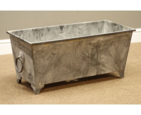 Rectangular lead finish tapered garden planter with ring handles, W81cm, D36cm, H36cm   Condition Report   Click here for fur