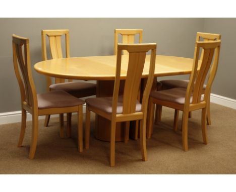 Skovby light oak oval extending dining table with sprung folding leaf (102cm, 135cm - 185cm, H73cm), and set six light oak cu