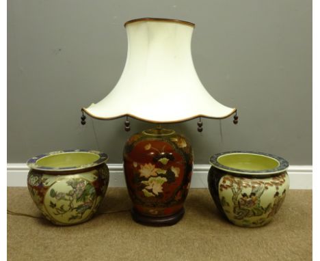 Two 20th century Japanese Satsuma fish bowls, the interior decorated with stylised fish and the exterior with floral and figu