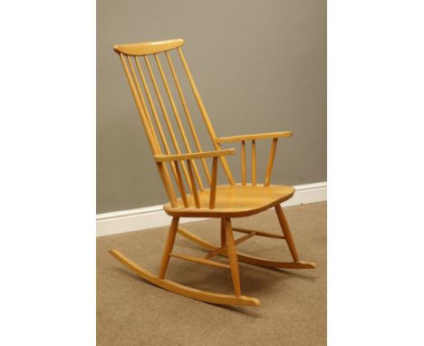 Ercol style beech framed rocking chair, high comb back, H104cm   Condition Report   Click here for further images, condition,