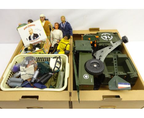 Collection of toy figures including; vintage action man figure with eagle eyes, action man clothing and accessories and other