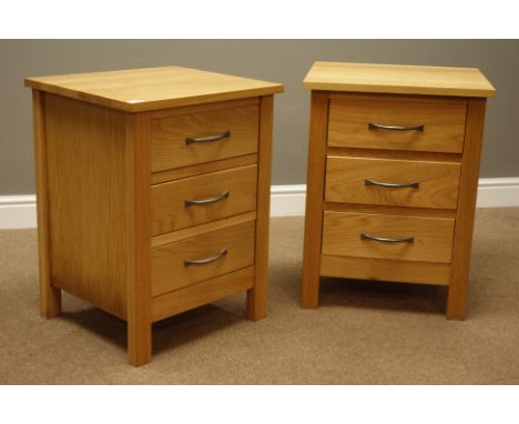 Pair light oak three drawer pedestal bedsides, W50cm, H65cm, D44cm   Condition Report   Click here for further images, condit