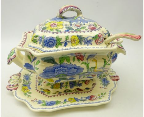 Large Masons Ironstone 'Regency' pattern tureen and cover, on stand with ladle, L38cm x H27cm    Condition Report   Click her